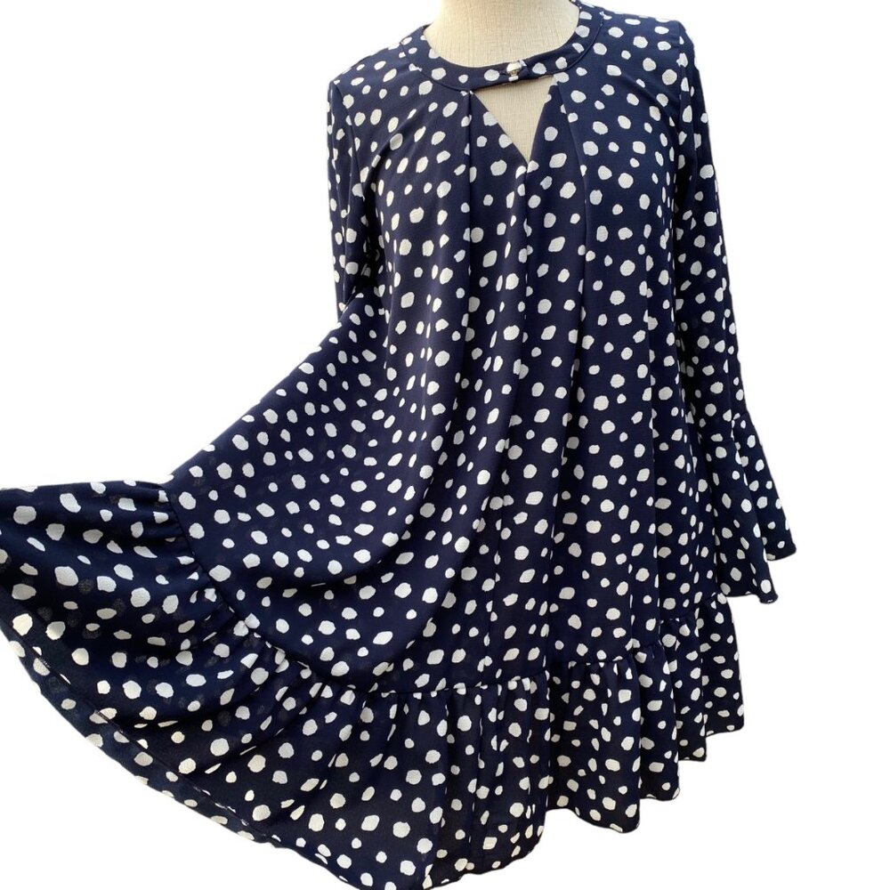 Navy Blue Polka Dots Mini Dress Tunic Top Women Size M  Bell Long Sleeve Cut Out - Picture 3 of 15